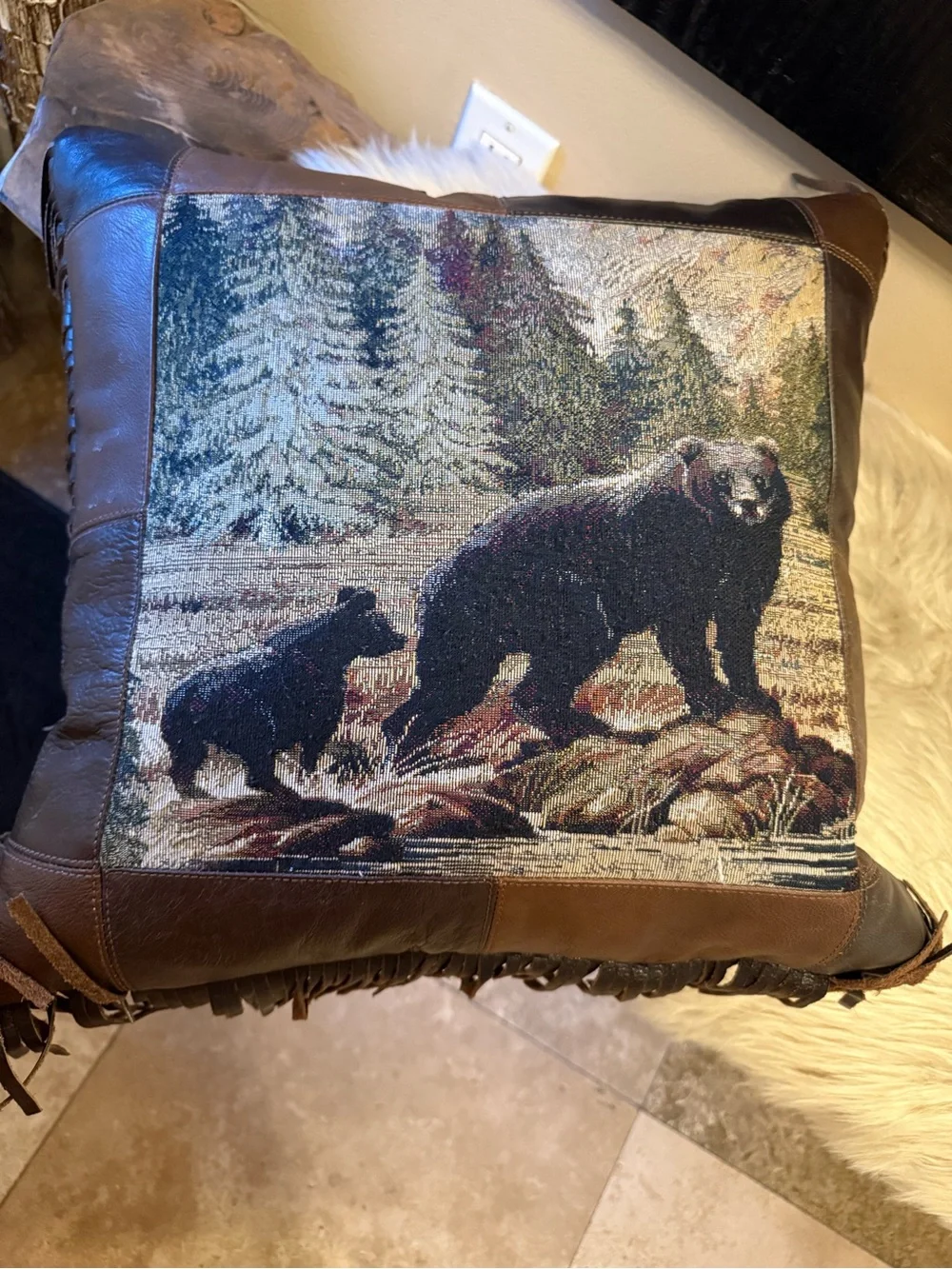 Bear Pillow Leather & Tapestry Throw Pillow Cabin, Mountain, Western Decor 17x17